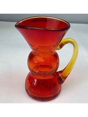 Vintage Crackle Glass Mini Pitcher Orange Yellow Handle Handmade Blown Glass 4"